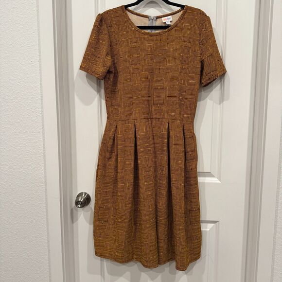NWOT LulaRoe Amelia A-line Brown Orange Knit Pleated Dress Pockets Zip Sz XL - Picture 2 of 7